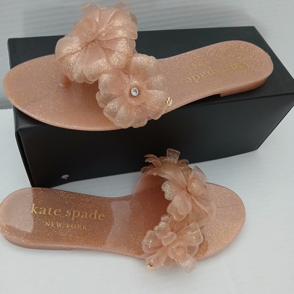 kate spade Women's Glitter Peach Floral Slide Sandals Sizes 7/10 New $35